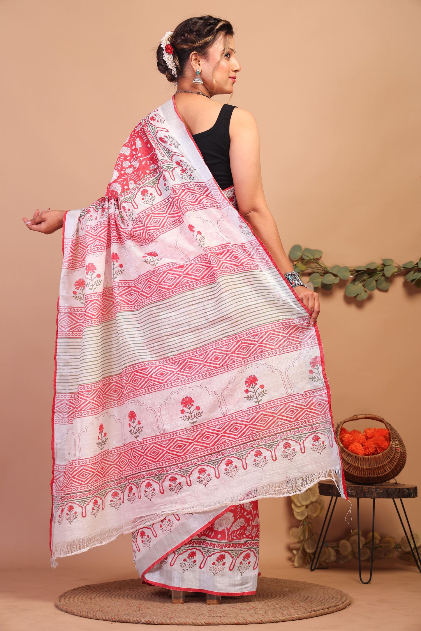 Anuttara Bhagalpuri Red Cotton Linen Hand Block Saree with Blouse_AFS1119-FS