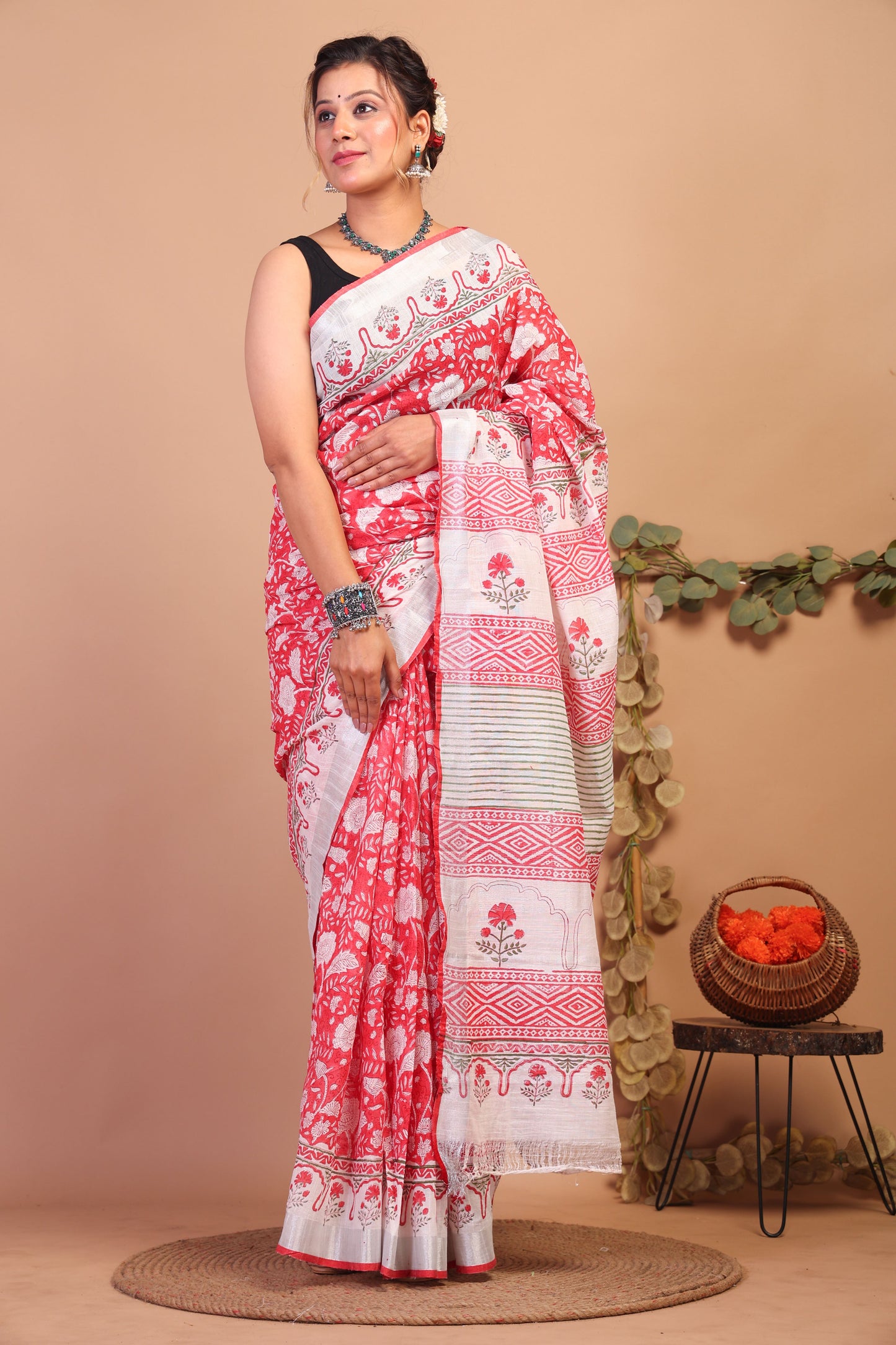 Anuttara Bhagalpuri Red Cotton Linen Hand Block Saree with Blouse_AFS1119-FS
