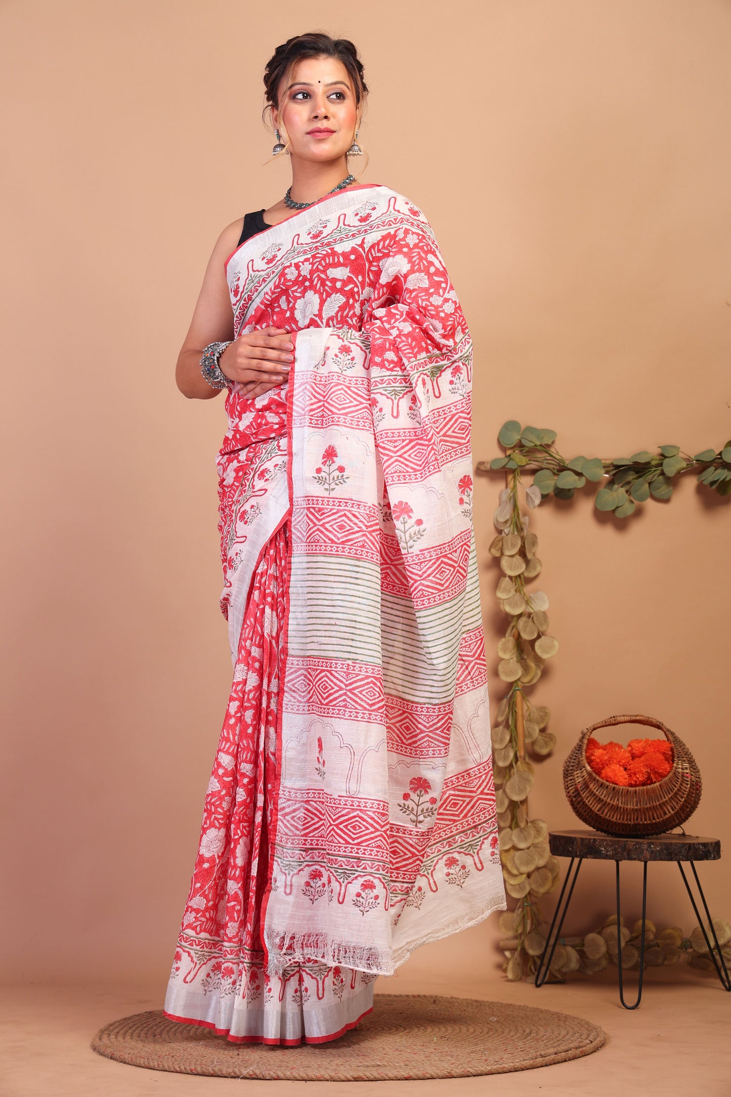 Anuttara Bhagalpuri Red Cotton Linen Hand Block Saree with Blouse_AFS1119-FS