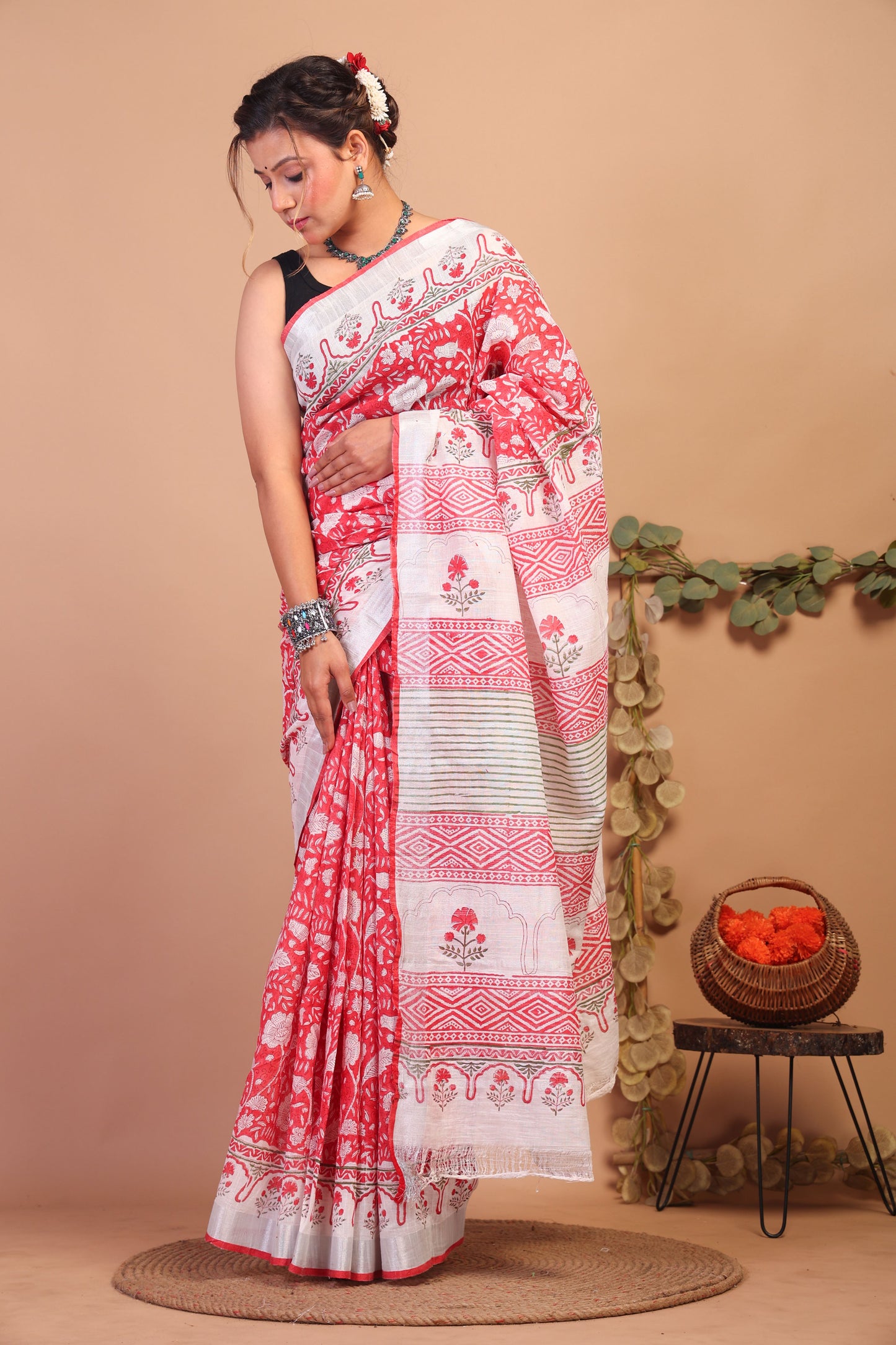 Anuttara Bhagalpuri Red Cotton Linen Hand Block Saree with Blouse_AFS1119-FS