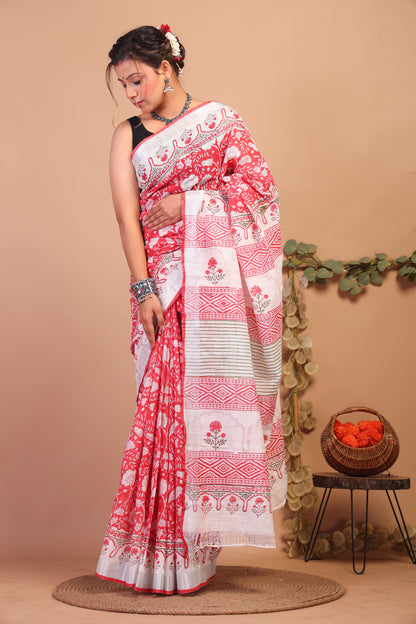 Anuttara Bhagalpuri Red Cotton Linen Hand Block Saree with Blouse_AFS1119-FS