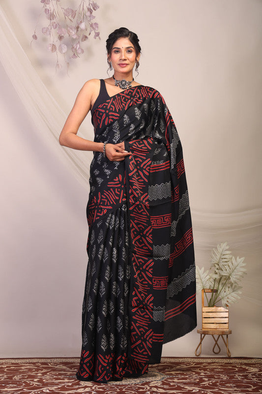 Anuttara Bhagalpuri Black & Grey Modal Silk Floral Saree with Unstitched Blouse_AFS1131-FS