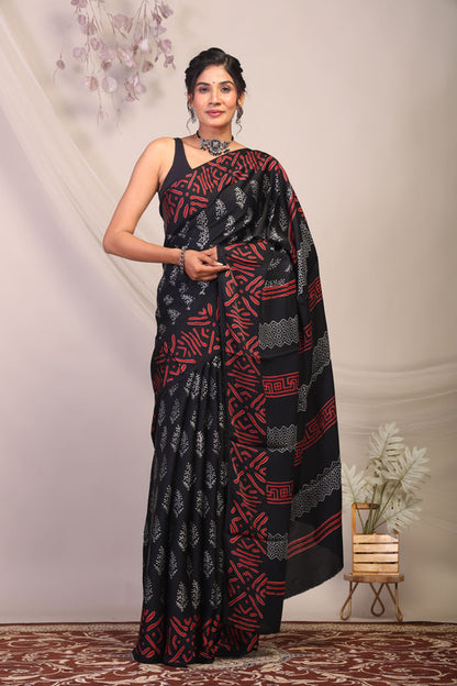 Anuttara Bhagalpuri Black & Grey Modal Silk Floral Saree with Unstitched Blouse_AFS1131-FS