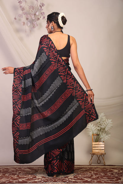 Anuttara Bhagalpuri Black & Grey Modal Silk Floral Saree with Unstitched Blouse_AFS1131-FS