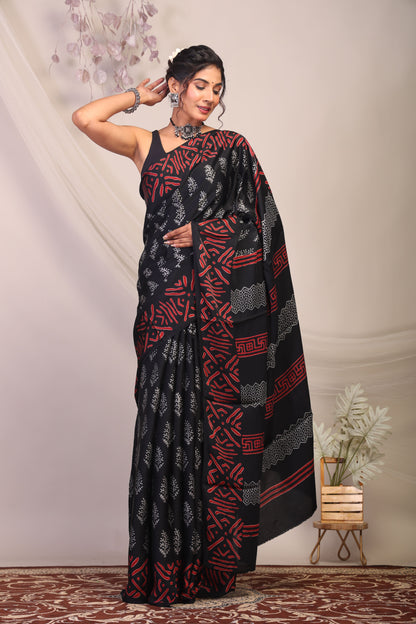 Anuttara Bhagalpuri Black & Grey Modal Silk Floral Saree with Unstitched Blouse_AFS1131-FS