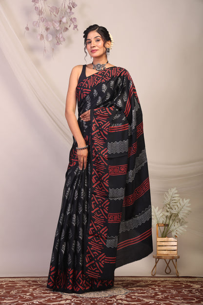 Anuttara Bhagalpuri Black & Grey Modal Silk Floral Saree with Unstitched Blouse_AFS1131-FS