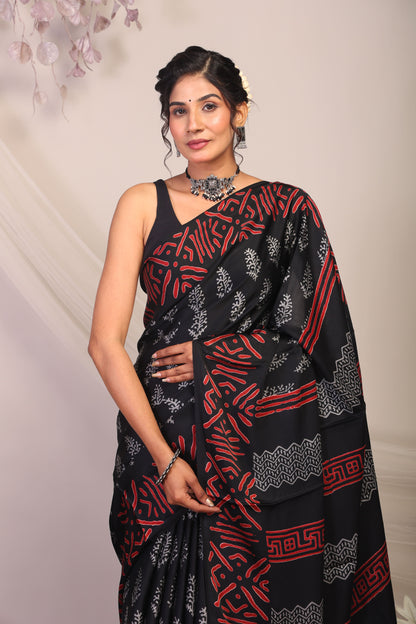 Anuttara Bhagalpuri Black & Grey Modal Silk Floral Saree with Unstitched Blouse_AFS1131-FS