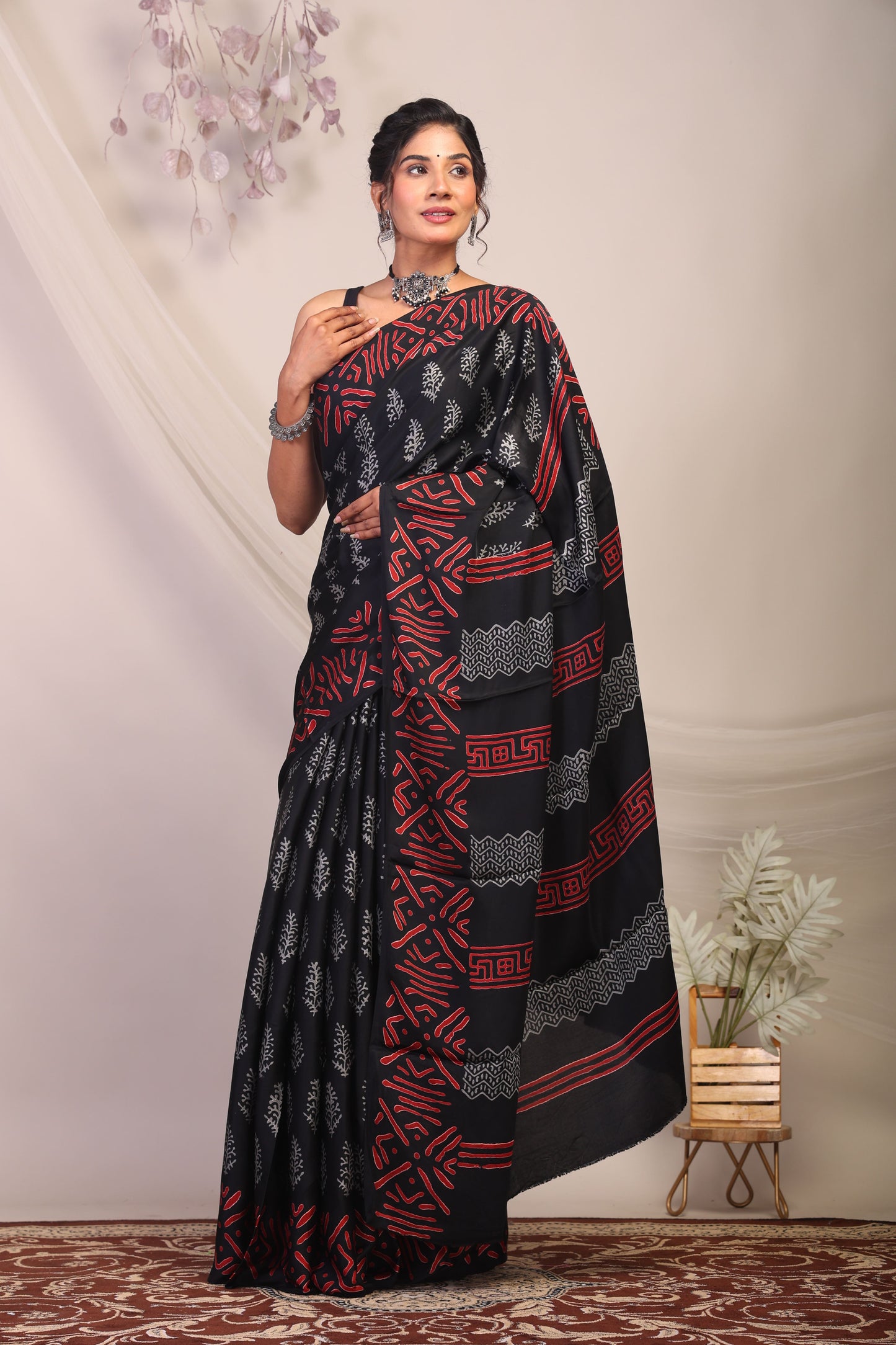 Anuttara Bhagalpuri Black & Grey Modal Silk Floral Saree with Unstitched Blouse_AFS1131-FS