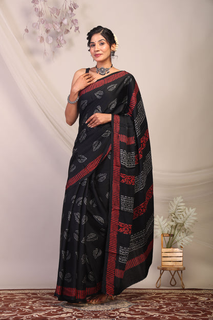 Anuttara Bhagalpuri Black & Grey Modal Silk Floral Saree with Unstitched Blouse_AFS1132-FS