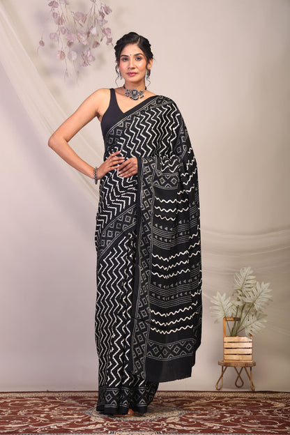 Anuttara Bhagalpuri Black & White Modal Silk Chevron/Zig Zag Saree with Unstitched Blouse_AFS1135-FS