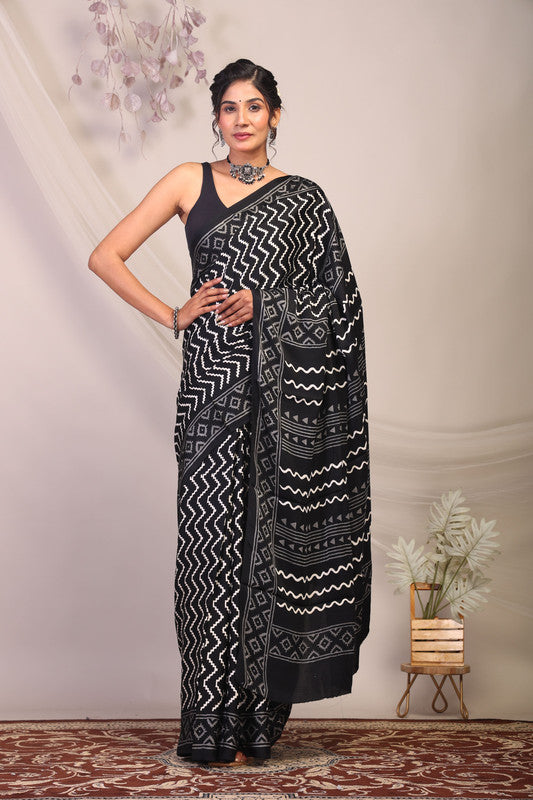 Anuttara Bhagalpuri Black & White Modal Silk Chevron/Zig Zag Saree with Unstitched Blouse_AFS1135-FS