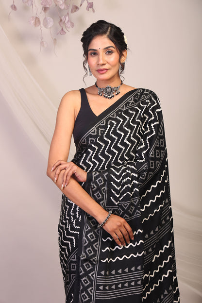 Anuttara Bhagalpuri Black & White Modal Silk Chevron/Zig Zag Saree with Unstitched Blouse_AFS1135-FS