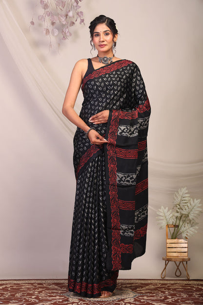 Anuttara Bhagalpuri Black & Grey Modal Silk Hand Block Saree with Unstitched Blouse_AFS1137-FS
