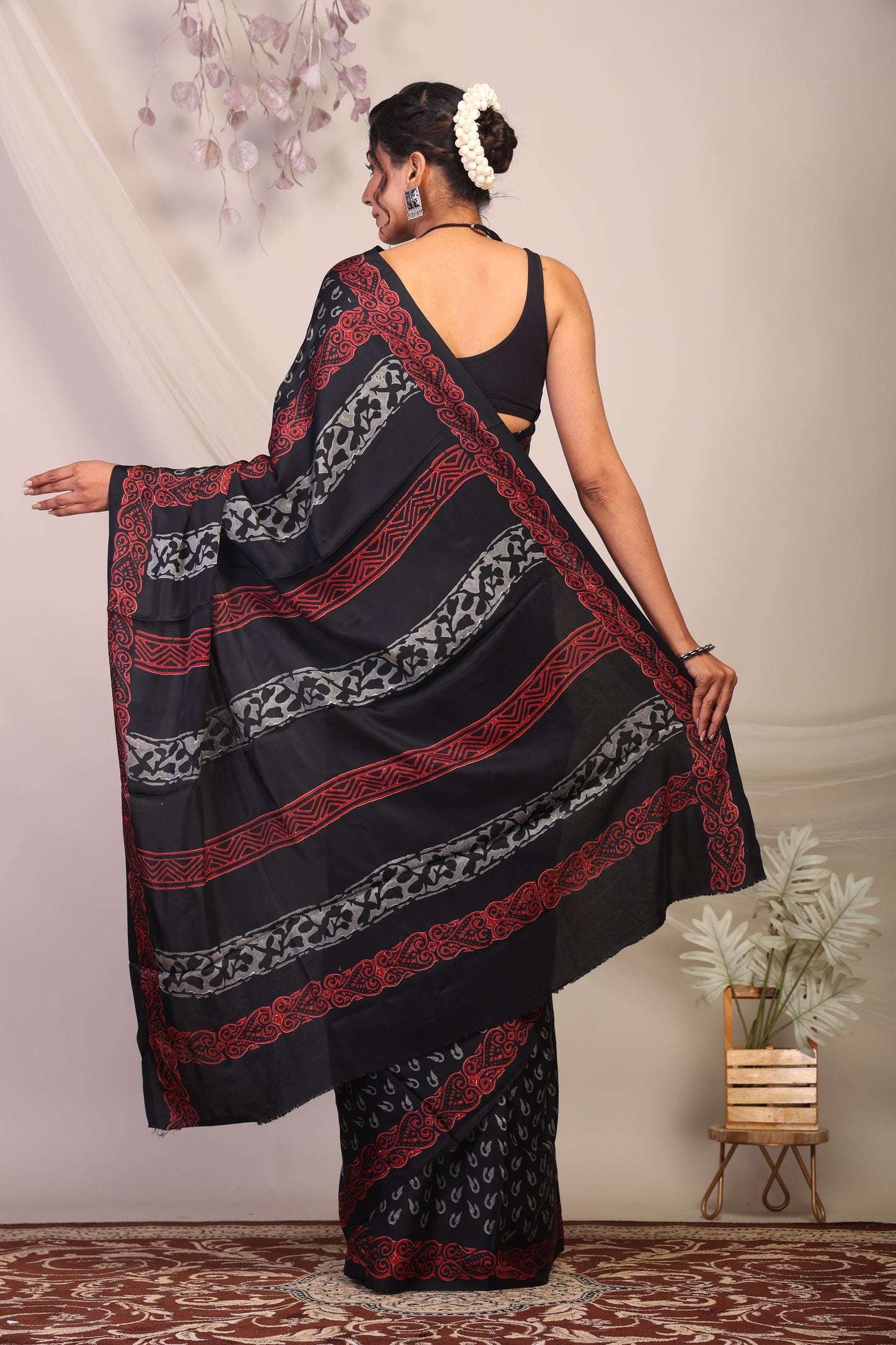 Anuttara Bhagalpuri Black & Grey Modal Silk Hand Block Saree with Unstitched Blouse_AFS1137-FS
