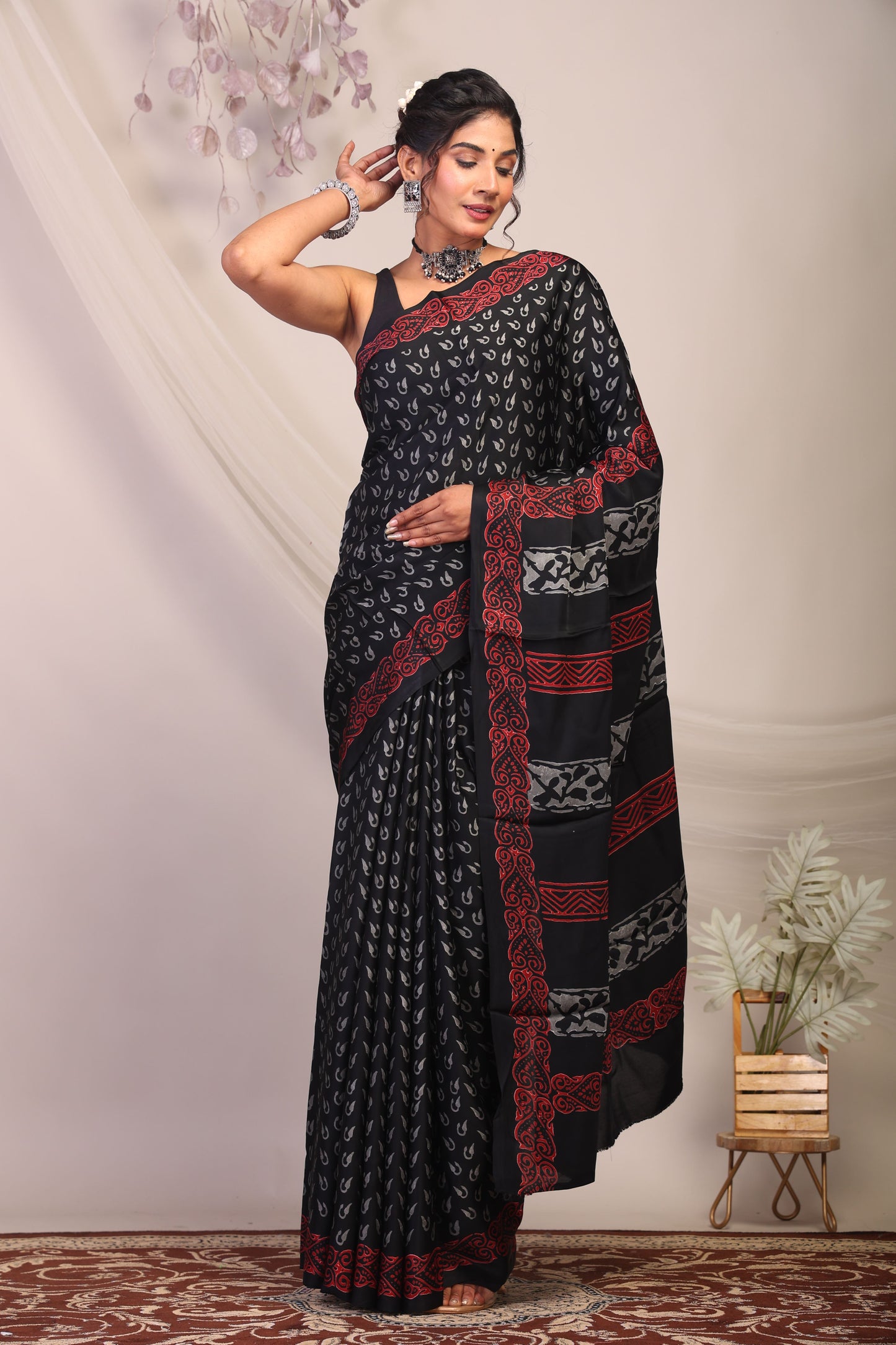 Anuttara Bhagalpuri Black & Grey Modal Silk Hand Block Saree with Unstitched Blouse_AFS1137-FS