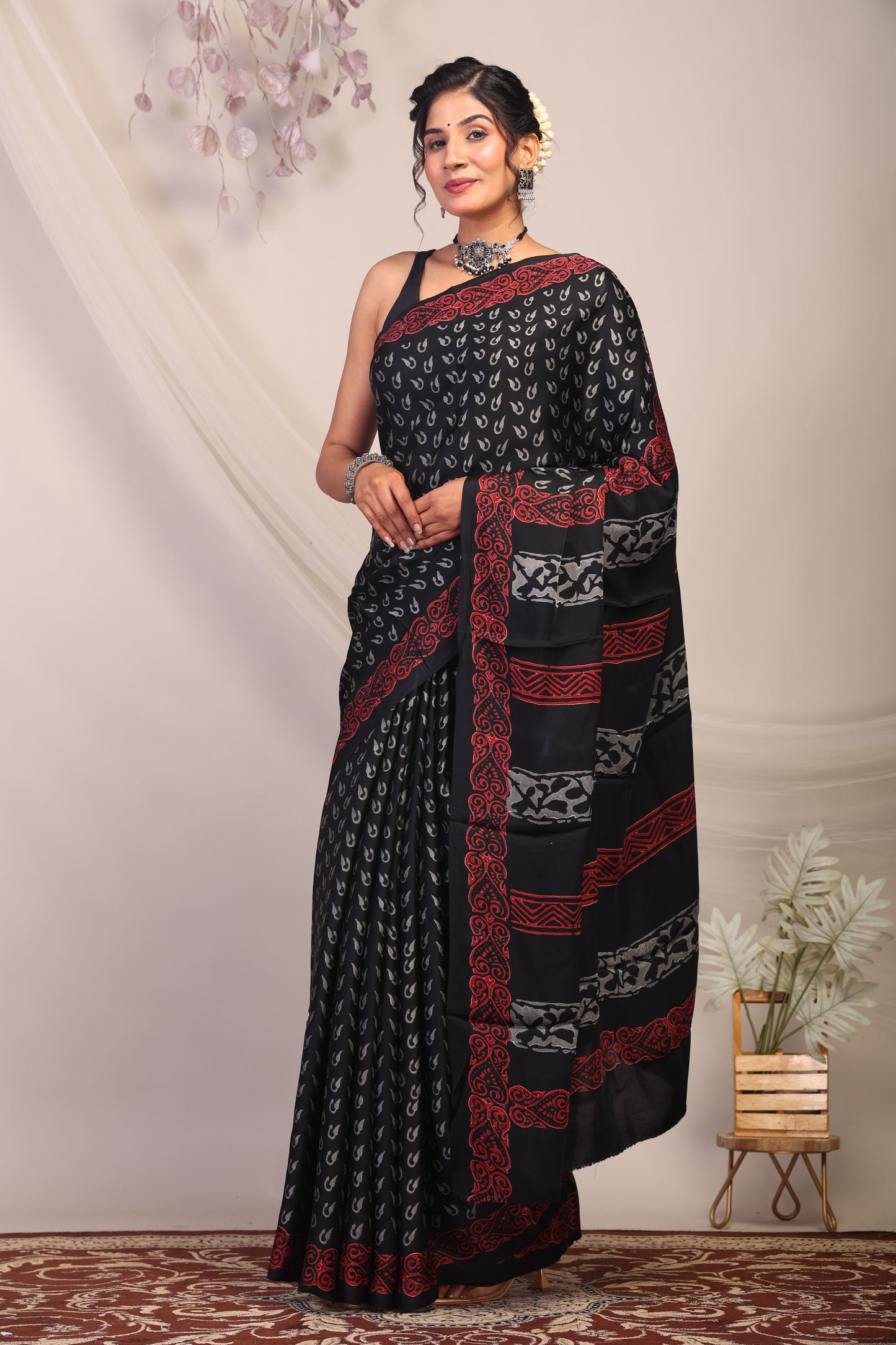 Anuttara Bhagalpuri Black & Grey Modal Silk Hand Block Saree with Unstitched Blouse_AFS1137-FS