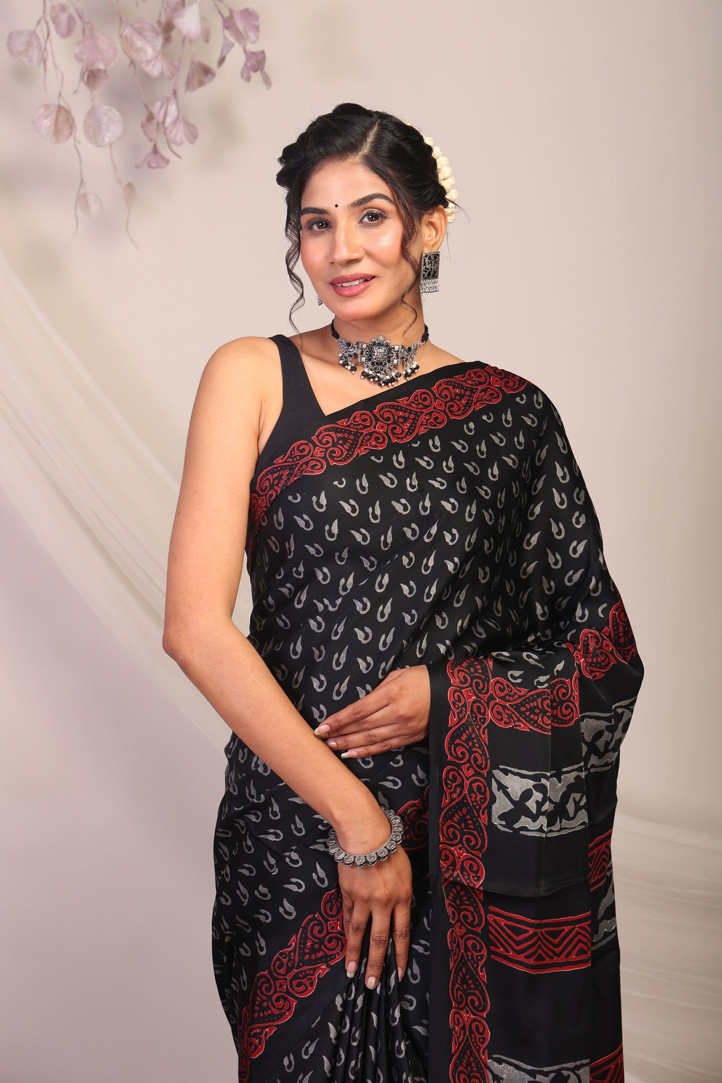 Anuttara Bhagalpuri Black & Grey Modal Silk Hand Block Saree with Unstitched Blouse_AFS1137-FS