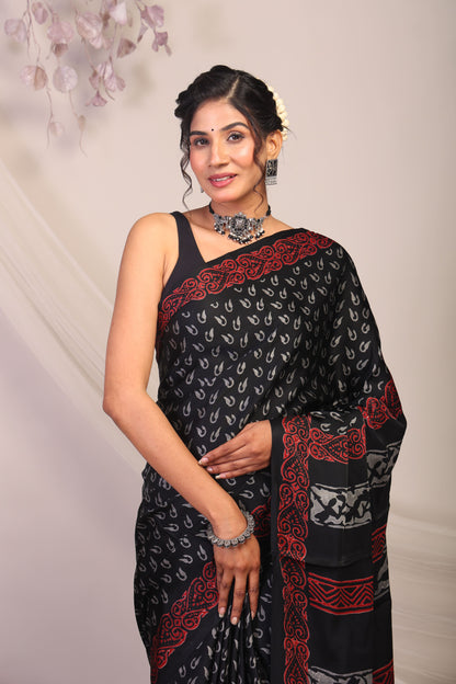 Anuttara Bhagalpuri Black & Grey Modal Silk Hand Block Saree with Unstitched Blouse_AFS1137-FS