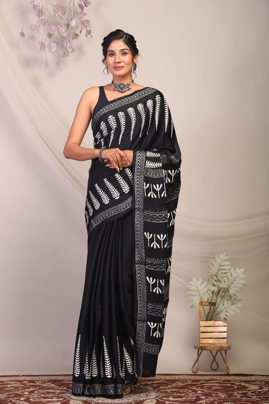 Anuttara Bhagalpuri Black & White Modal Silk Botanical Prints Saree with Unstitched Blouse_AFS1138-FS