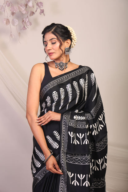 Anuttara Bhagalpuri Black & White Modal Silk Botanical Prints Saree with Unstitched Blouse_AFS1138-FS