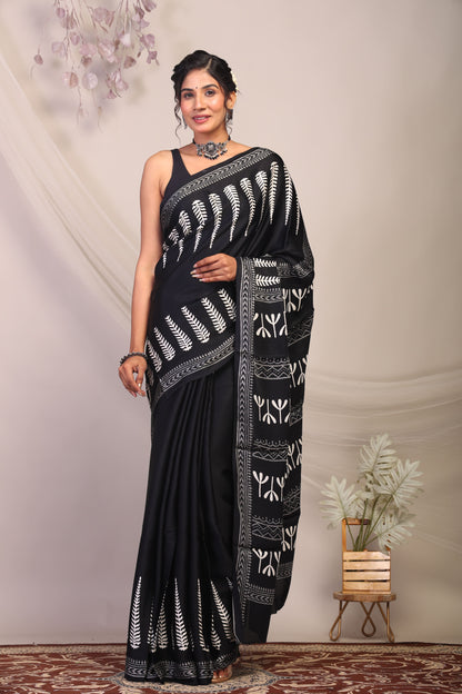 Anuttara Bhagalpuri Black & White Modal Silk Botanical Prints Saree with Unstitched Blouse_AFS1138-FS