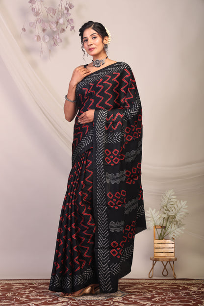 Anuttara Bhagalpuri Black & Red Modal Silk Chevron/Zig Zag Saree with Unstitched Blouse_AFS1140-FS