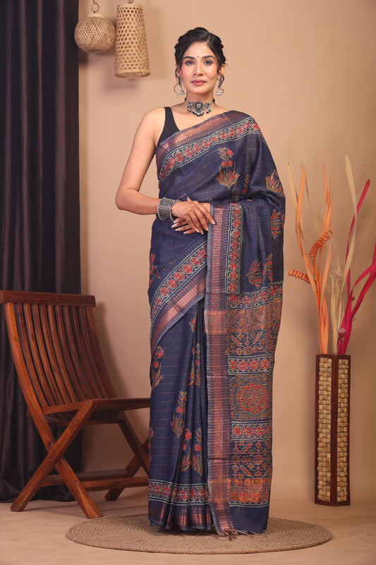 Anuttara Bhagalpuri Navy Blue Cotton Silk Floral Saree with Unstitched Blouse_AFS1141-FS