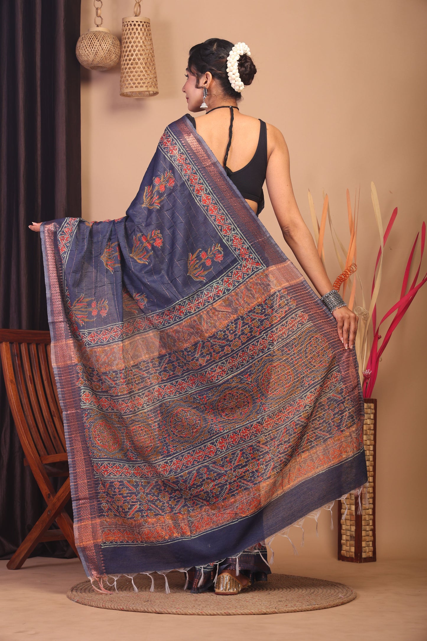 Anuttara Bhagalpuri Navy Blue Cotton Silk Floral Saree with Unstitched Blouse_AFS1141-FS