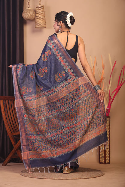 Anuttara Bhagalpuri Navy Blue Cotton Silk Floral Saree with Unstitched Blouse_AFS1141-FS
