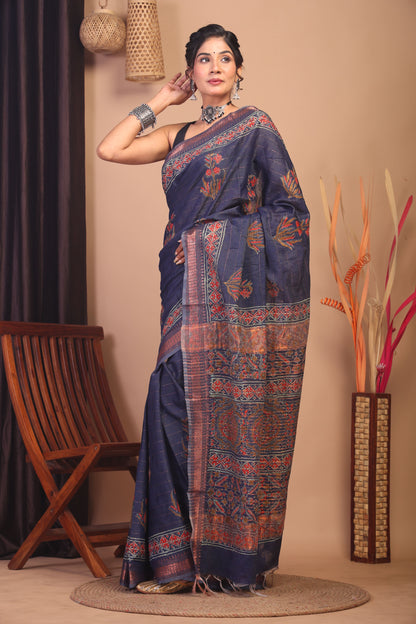 Anuttara Bhagalpuri Navy Blue Cotton Silk Floral Saree with Unstitched Blouse_AFS1141-FS
