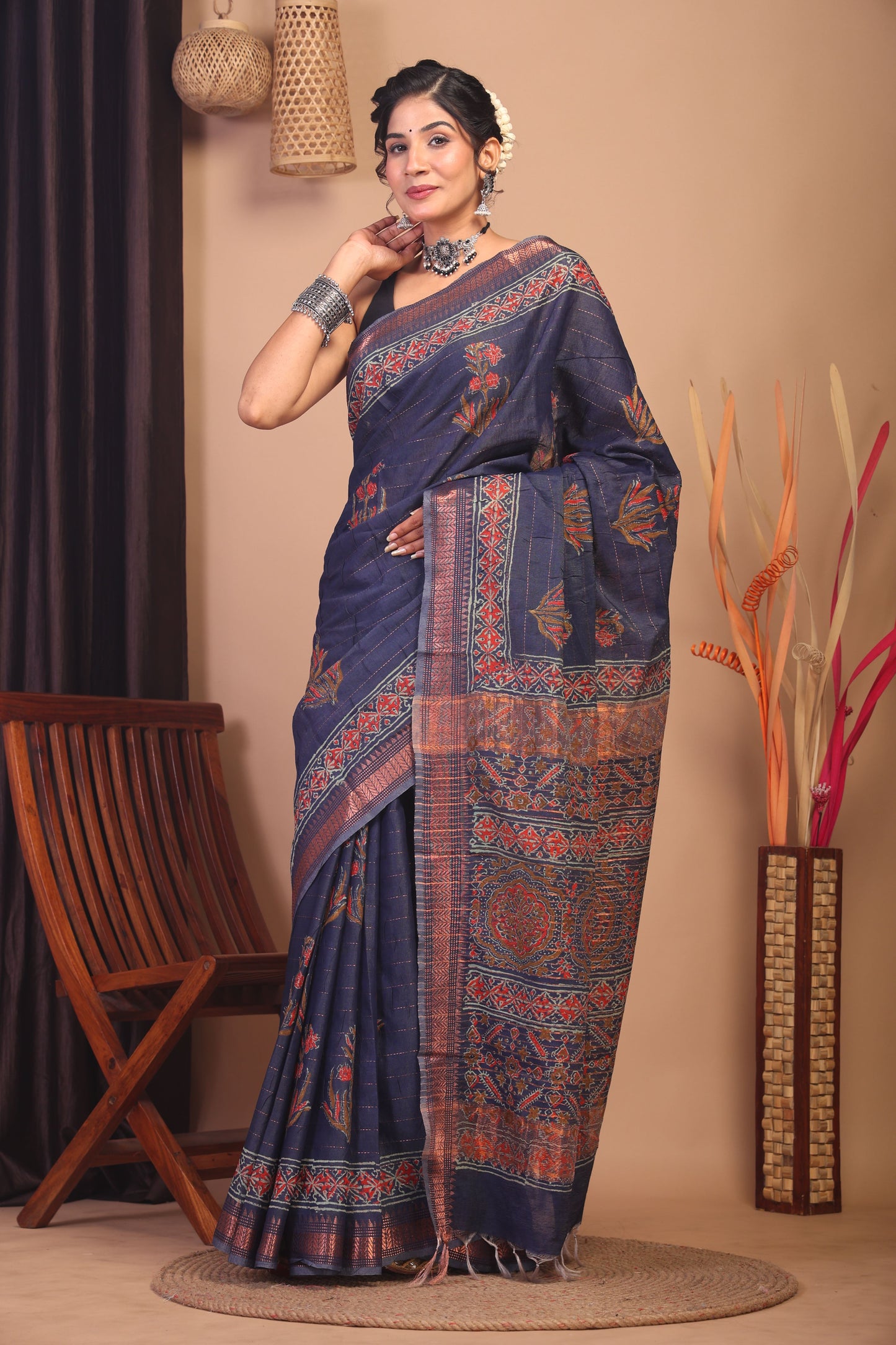 Anuttara Bhagalpuri Navy Blue Cotton Silk Floral Saree with Unstitched Blouse_AFS1141-FS