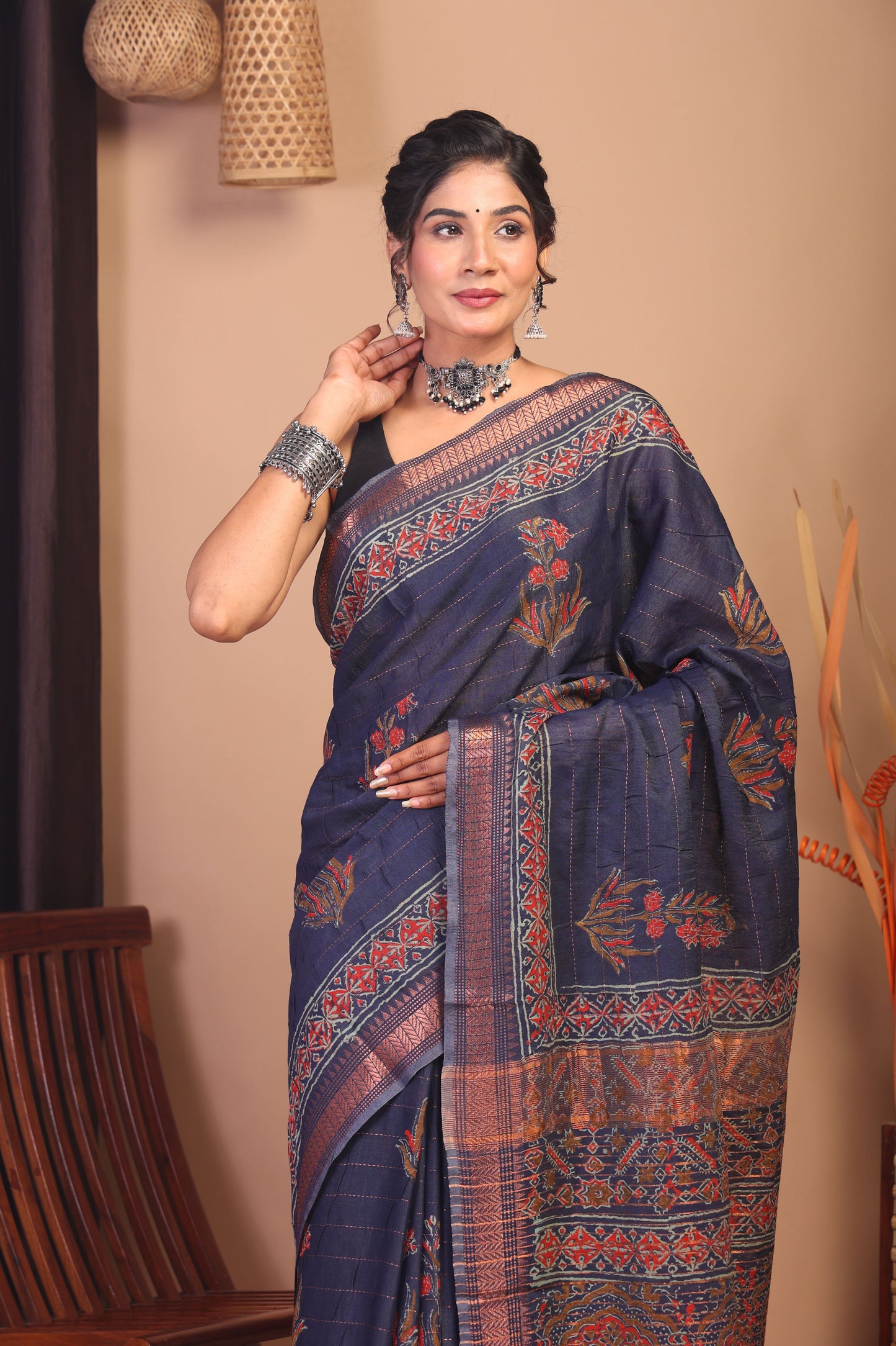 Anuttara Bhagalpuri Navy Blue Cotton Silk Floral Saree with Unstitched Blouse_AFS1141-FS