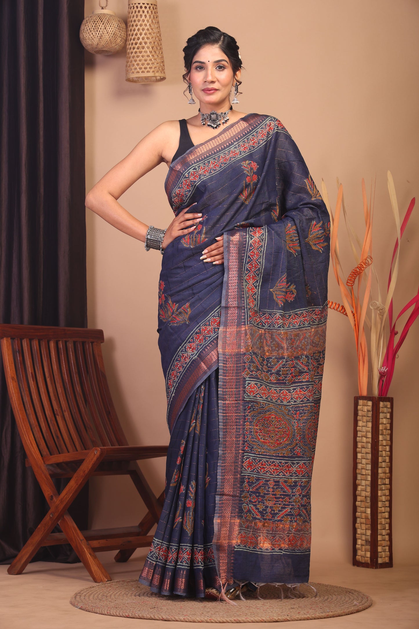 Anuttara Bhagalpuri Navy Blue Cotton Silk Floral Saree with Unstitched Blouse_AFS1141-FS