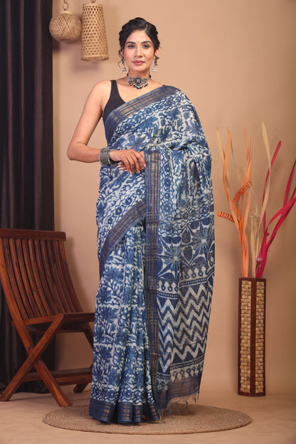 Anuttara Bhagalpuri Indigo Blue Cotton Silk Floral/Zig-Zag Saree with Unstitched Blouse_AFS1142-FS