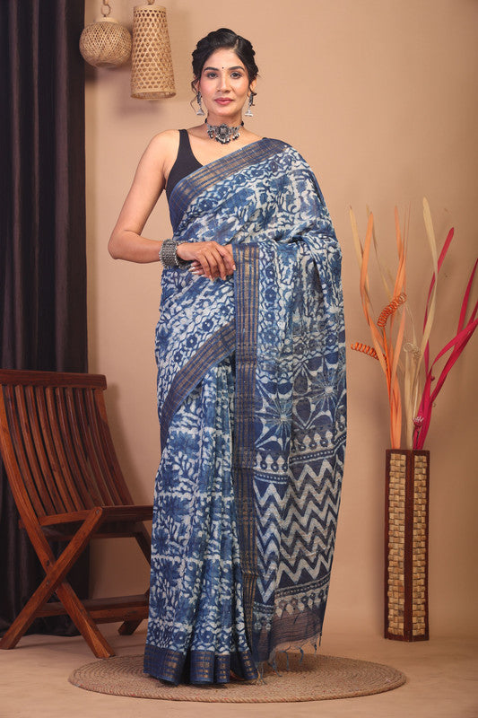 Anuttara Bhagalpuri Indigo Blue Cotton Silk Floral/Zig-Zag Saree with Unstitched Blouse_AFS1142-FS