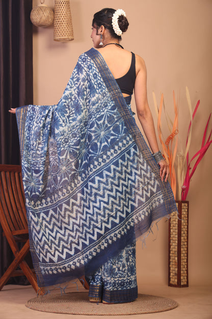 Anuttara Bhagalpuri Indigo Blue Cotton Silk Floral/Zig-Zag Saree with Unstitched Blouse_AFS1142-FS