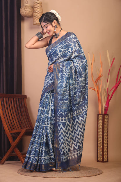 Anuttara Bhagalpuri Indigo Blue Cotton Silk Floral/Zig-Zag Saree with Unstitched Blouse_AFS1142-FS