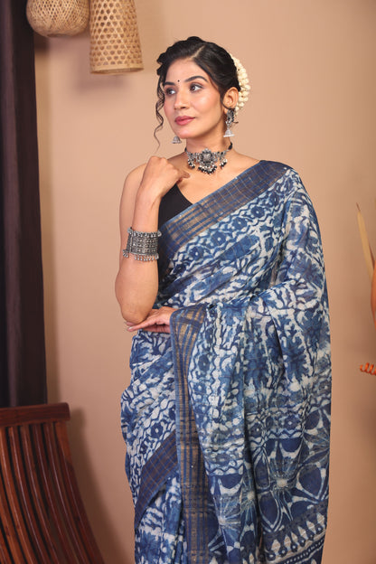 Anuttara Bhagalpuri Indigo Blue Cotton Silk Floral/Zig-Zag Saree with Unstitched Blouse_AFS1142-FS