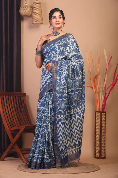 Anuttara Bhagalpuri Indigo Blue Cotton Silk Floral/Zig-Zag Saree with Unstitched Blouse_AFS1142-FS