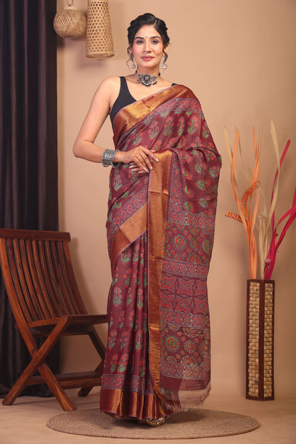 Anuttara Bhagalpuri Maroon Cotton Silk Floral Saree with Unstitched Blouse_AFS1143-FS