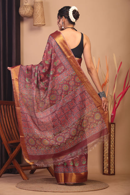 Anuttara Bhagalpuri Maroon Cotton Silk Floral Saree with Unstitched Blouse_AFS1143-FS