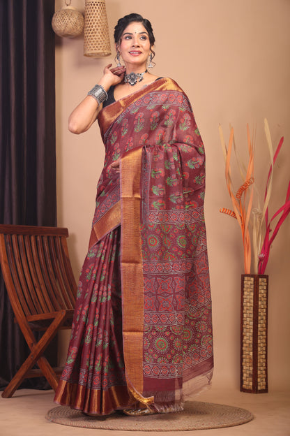 Anuttara Bhagalpuri Maroon Cotton Silk Floral Saree with Unstitched Blouse_AFS1143-FS
