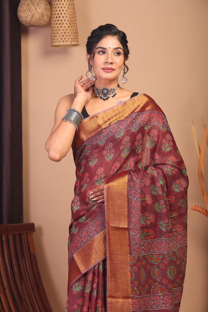 Anuttara Bhagalpuri Maroon Cotton Silk Floral Saree with Unstitched Blouse_AFS1143-FS