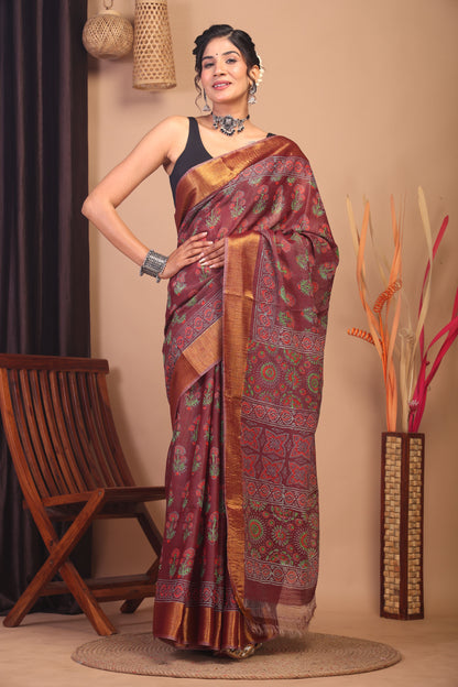 Anuttara Bhagalpuri Maroon Cotton Silk Floral Saree with Unstitched Blouse_AFS1143-FS