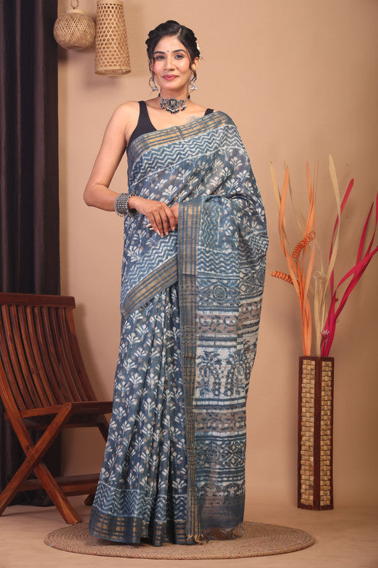Anuttara Bhagalpuri Stone Blue Cotton Silk Floral/Zig-Zag Saree with Unstitched Blouse_AFS1144-FS