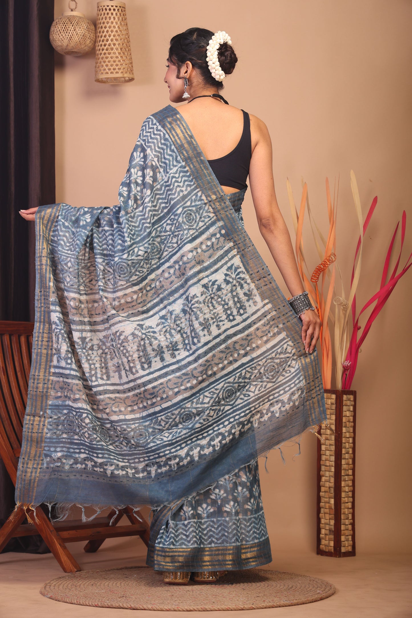 Anuttara Bhagalpuri Stone Blue Cotton Silk Floral/Zig-Zag Saree with Unstitched Blouse_AFS1144-FS