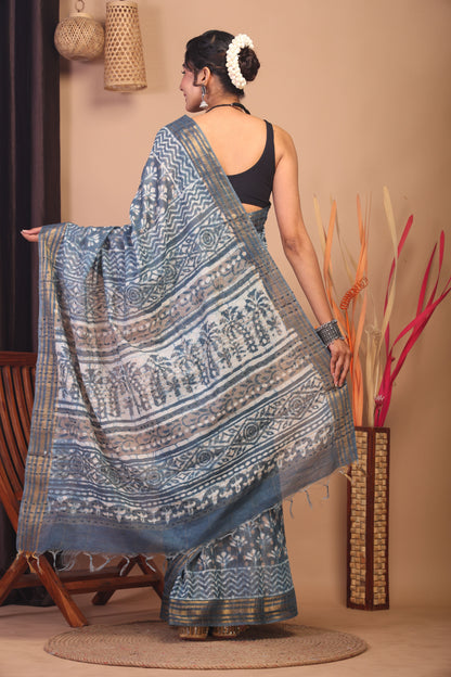 Anuttara Bhagalpuri Stone Blue Cotton Silk Floral/Zig-Zag Saree with Unstitched Blouse_AFS1144-FS