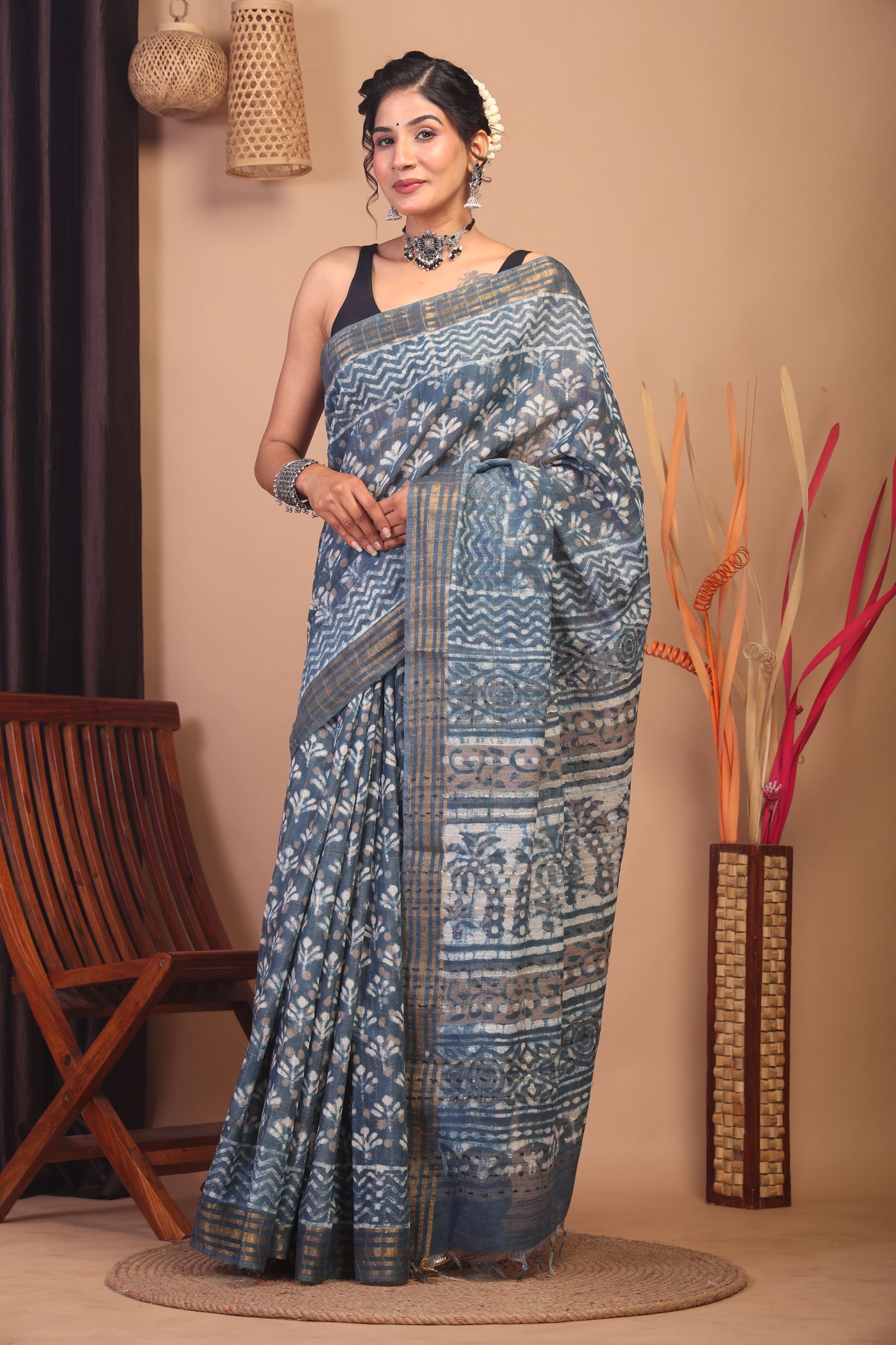 Anuttara Bhagalpuri Stone Blue Cotton Silk Floral/Zig-Zag Saree with Unstitched Blouse_AFS1144-FS
