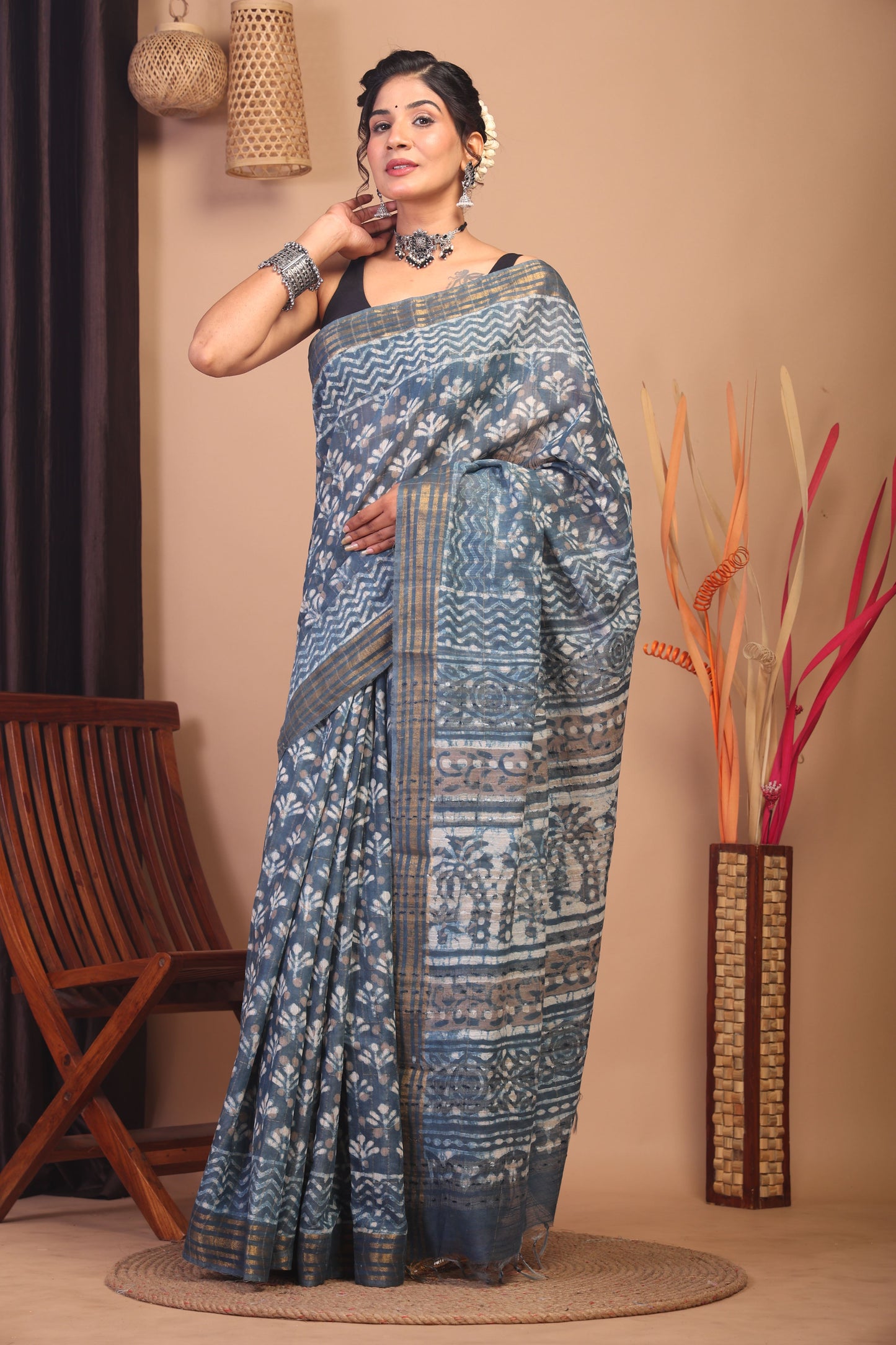 Anuttara Bhagalpuri Stone Blue Cotton Silk Floral/Zig-Zag Saree with Unstitched Blouse_AFS1144-FS
