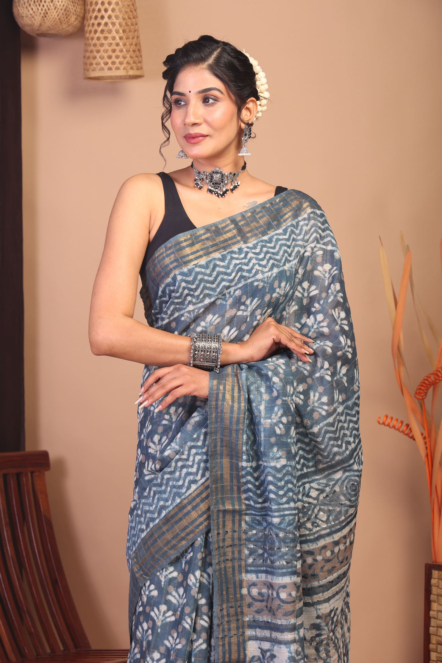 Anuttara Bhagalpuri Stone Blue Cotton Silk Floral/Zig-Zag Saree with Unstitched Blouse_AFS1144-FS